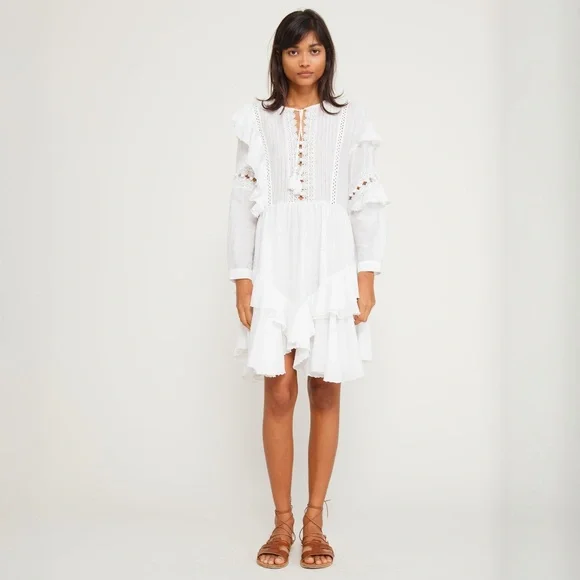 Sea New York Tie Neck Mini Dress White Size 4 Ruffle, Pom-Pom & Tassel Accents - Picture 12 of 14